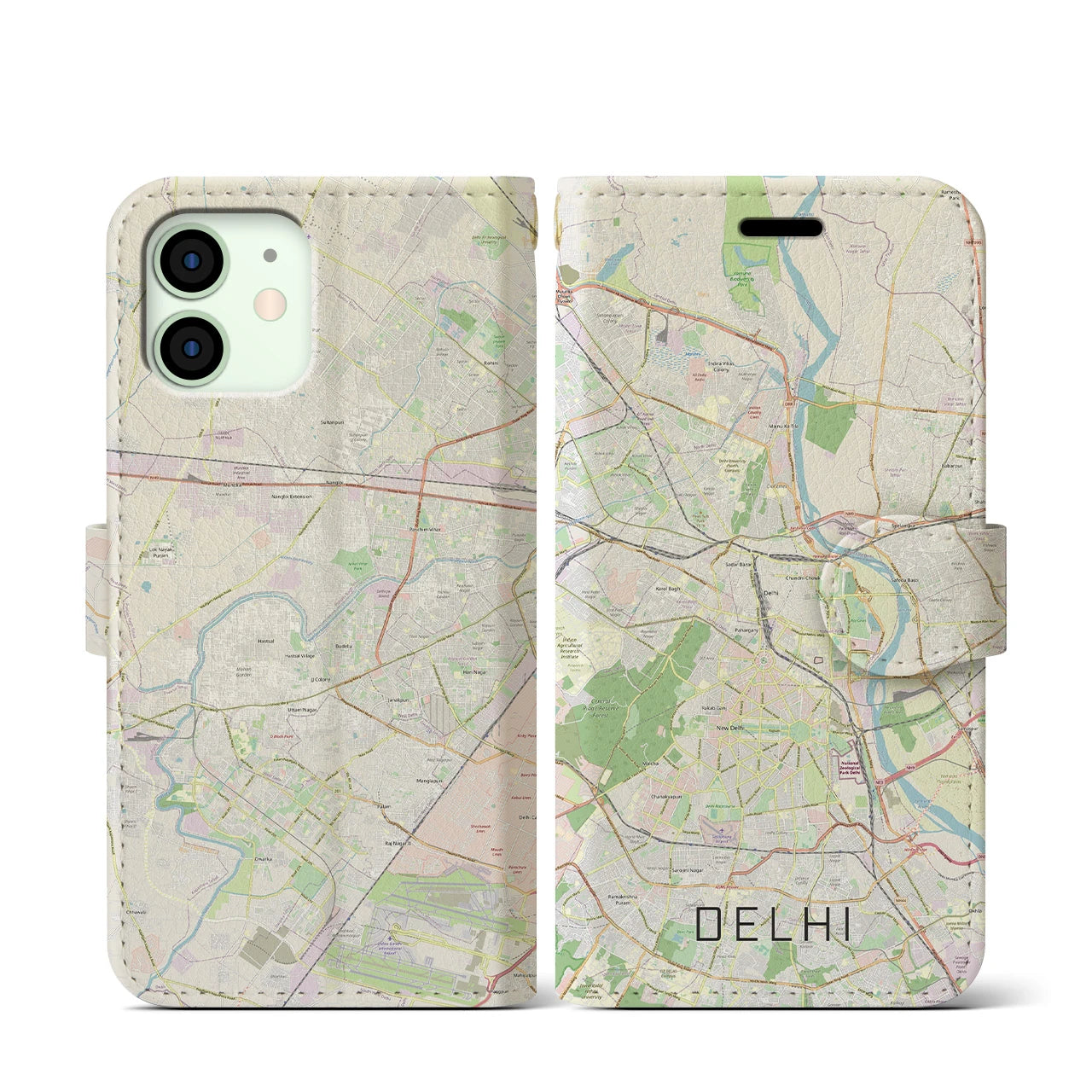 【デリー】地図柄iPhoneケース（手帳両面タイプ・ナチュラル）iPhone 12 mini 用