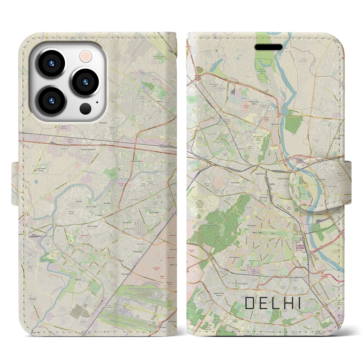 【デリー】地図柄iPhoneケース（手帳両面タイプ・ナチュラル）iPhone 13 Pro 用