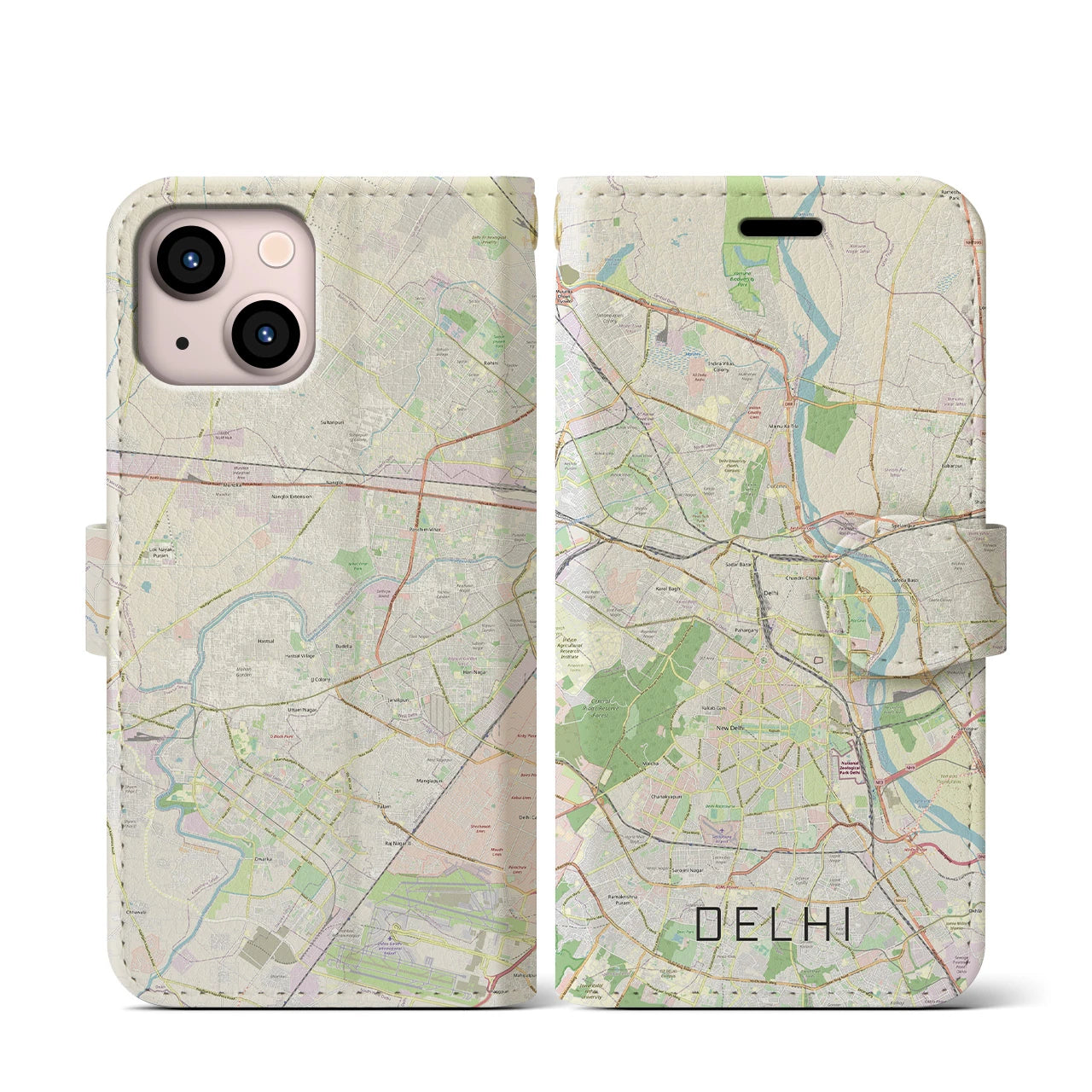 【デリー】地図柄iPhoneケース（手帳両面タイプ・ナチュラル）iPhone 13 mini 用