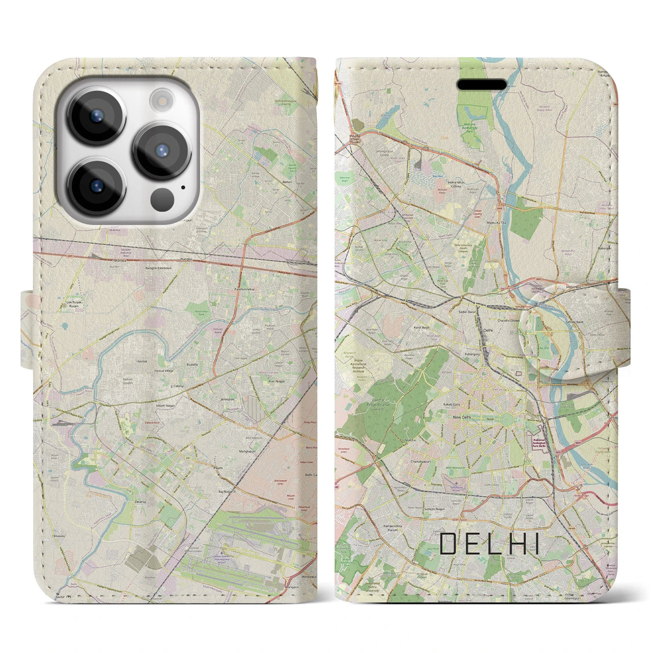 【デリー】地図柄iPhoneケース（手帳両面タイプ・ナチュラル）iPhone 14 Pro 用