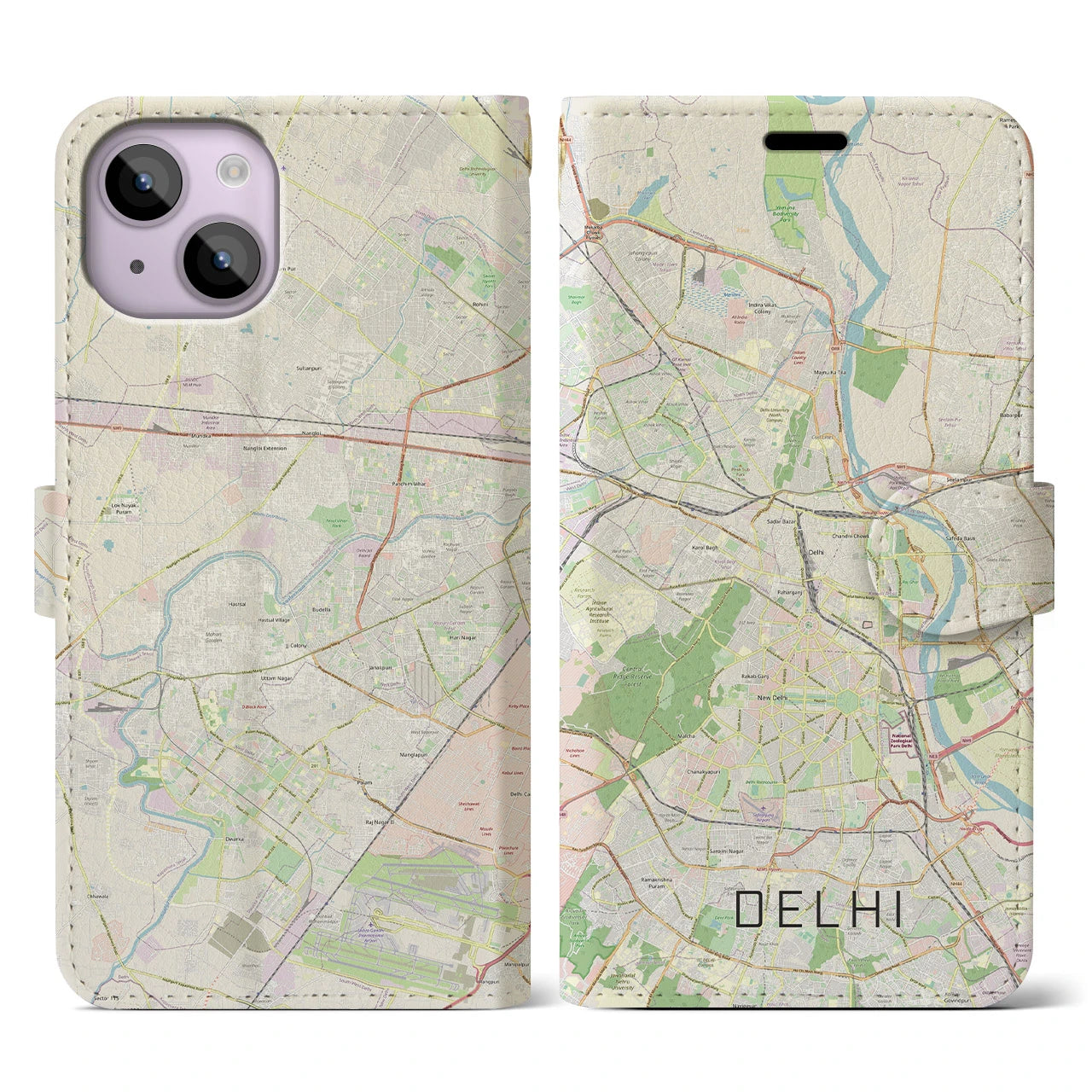【デリー】地図柄iPhoneケース（手帳両面タイプ・ナチュラル）iPhone 14 用