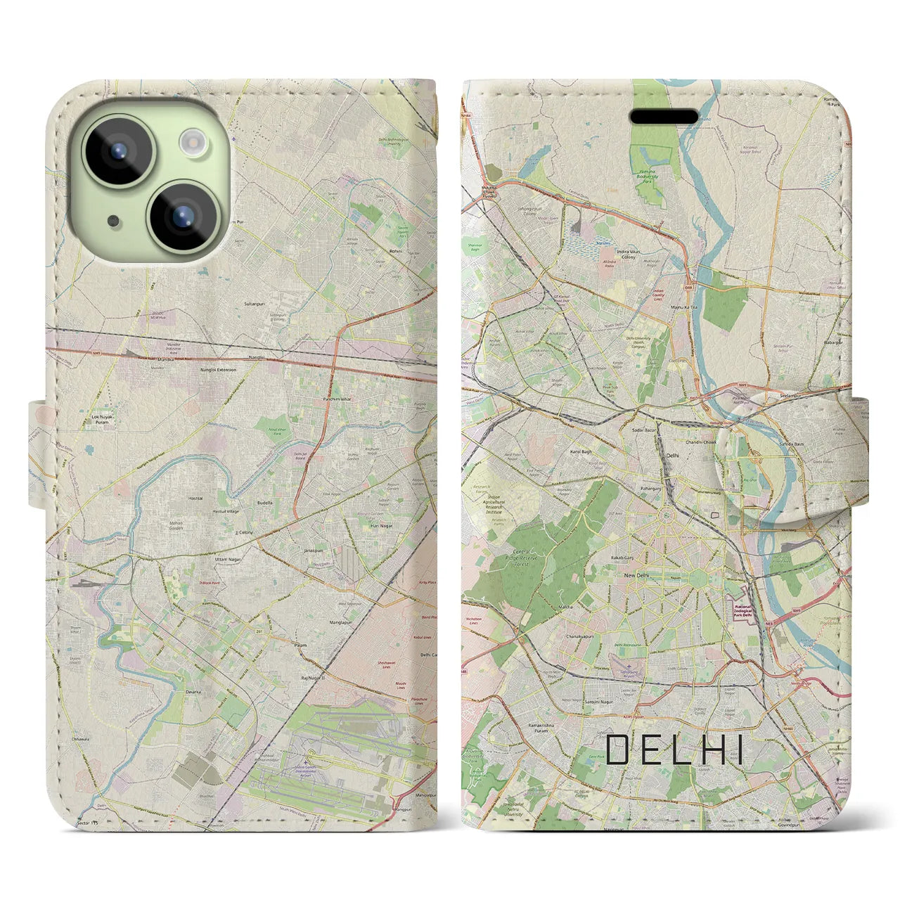 【デリー】地図柄iPhoneケース（手帳両面タイプ・ナチュラル）iPhone 15 用