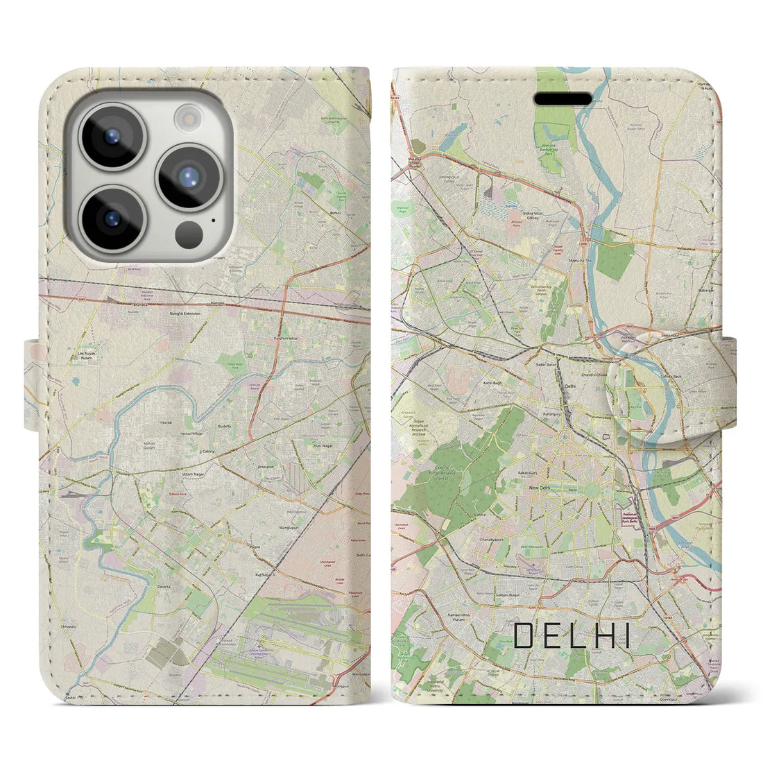 【デリー】地図柄iPhoneケース（手帳両面タイプ・ナチュラル）iPhone 15 Pro 用