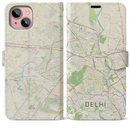【デリー（インド）】地図柄iPhoneケース（手帳タイプ）ナチュラル・iPhone 15 Plus 用