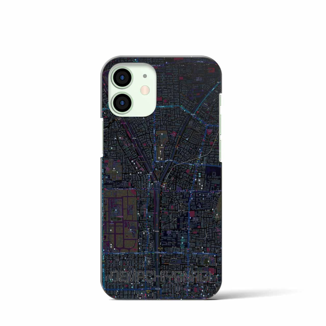 【出町柳】地図柄iPhoneケース（バックカバータイプ・ブラック）iPhone 12 mini 用
