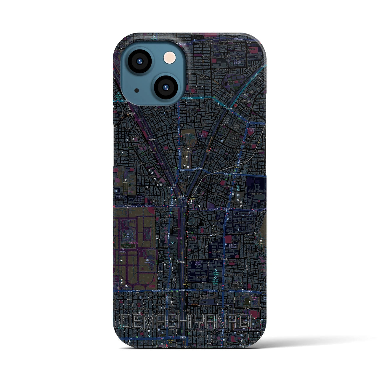 【出町柳】地図柄iPhoneケース（バックカバータイプ・ブラック）iPhone 13 用