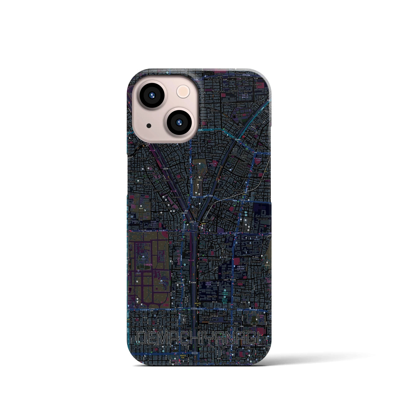 【出町柳】地図柄iPhoneケース（バックカバータイプ・ブラック）iPhone 13 mini 用