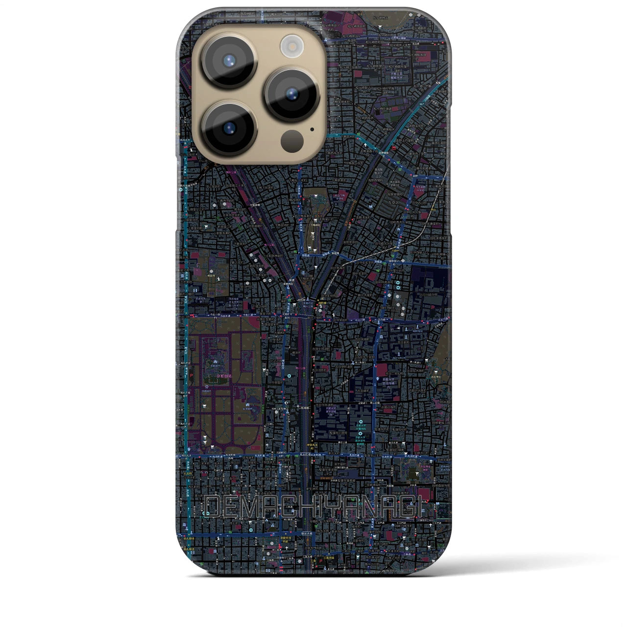 【出町柳】地図柄iPhoneケース（バックカバータイプ・ブラック）iPhone 14 Pro Max 用