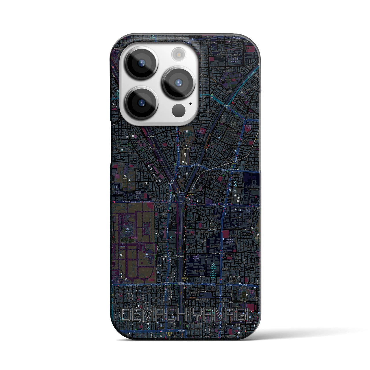 【出町柳】地図柄iPhoneケース（バックカバータイプ・ブラック）iPhone 14 Pro 用