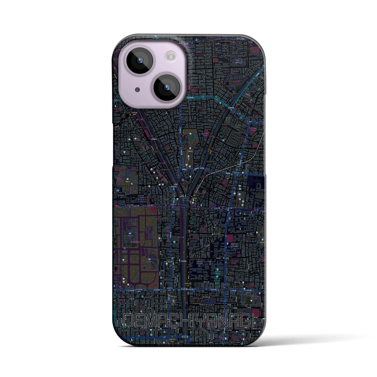 【出町柳】地図柄iPhoneケース（バックカバータイプ・ブラック）iPhone 14 用