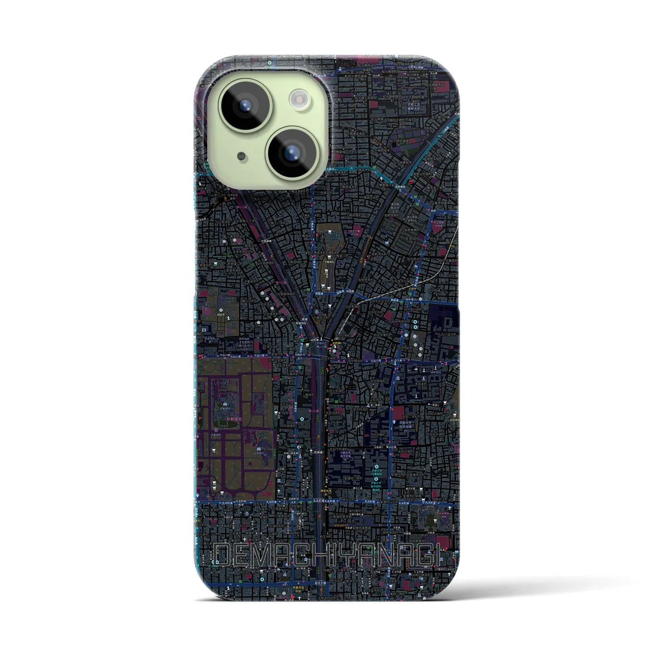 【出町柳】地図柄iPhoneケース（バックカバータイプ・ブラック）iPhone 15 用