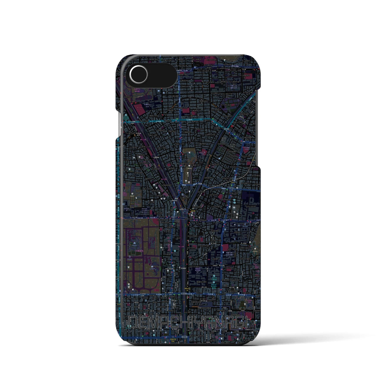 【出町柳】地図柄iPhoneケース（バックカバータイプ・ブラック）iPhone SE（第3 / 第2世代） / 8 / 7 / 6s / 6 用