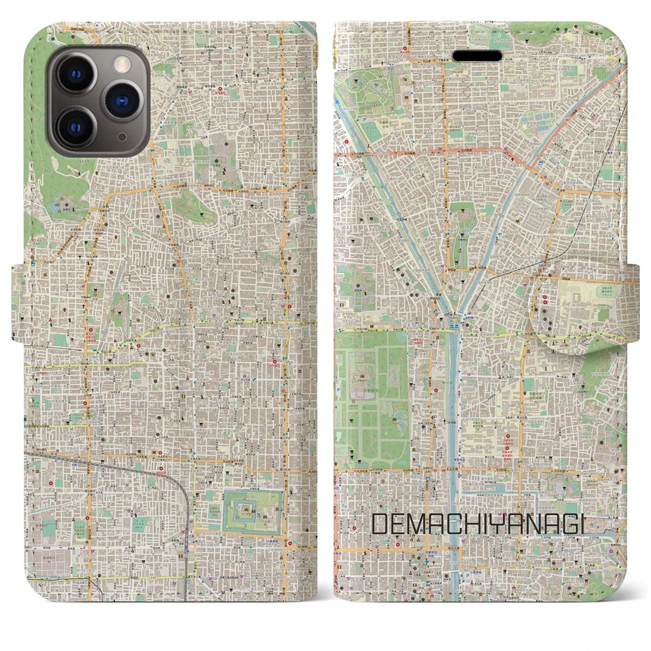 【出町柳】地図柄iPhoneケース（手帳両面タイプ・ナチュラル）iPhone 11 Pro Max 用