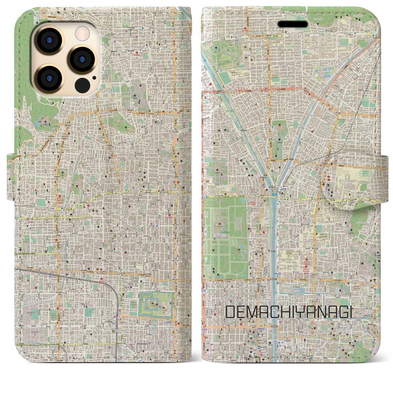 【出町柳】地図柄iPhoneケース（手帳両面タイプ・ナチュラル）iPhone 12 Pro Max 用