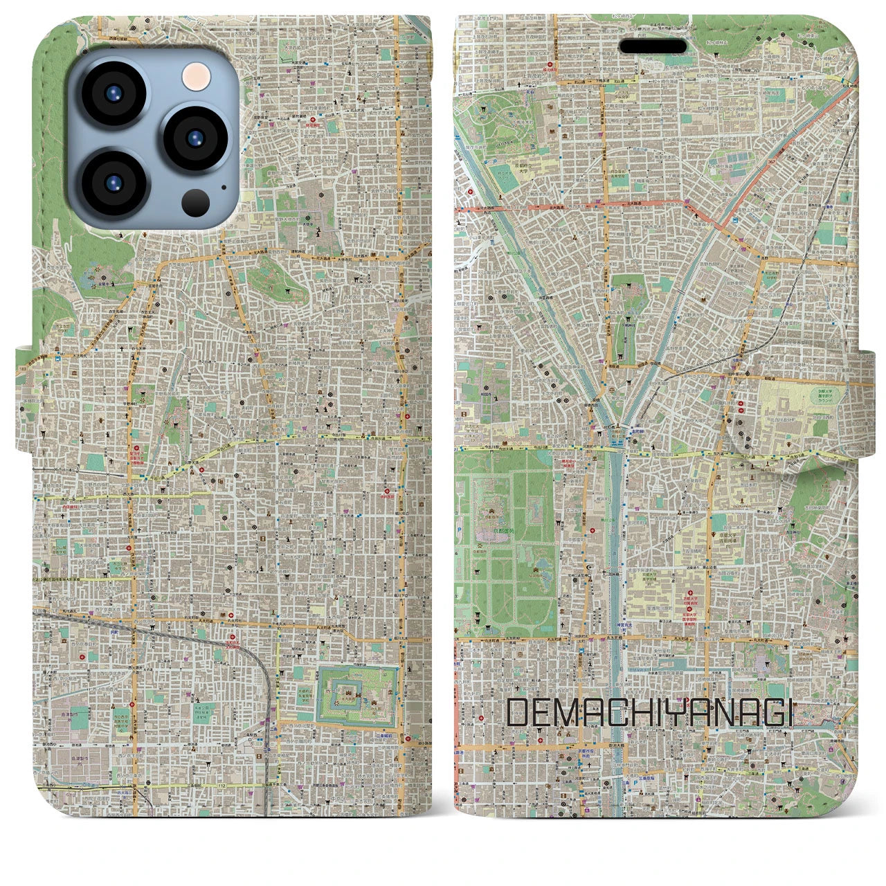【出町柳】地図柄iPhoneケース（手帳両面タイプ・ナチュラル）iPhone 13 Pro Max 用