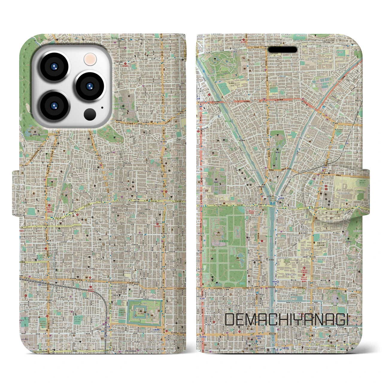 【出町柳】地図柄iPhoneケース（手帳両面タイプ・ナチュラル）iPhone 13 Pro 用