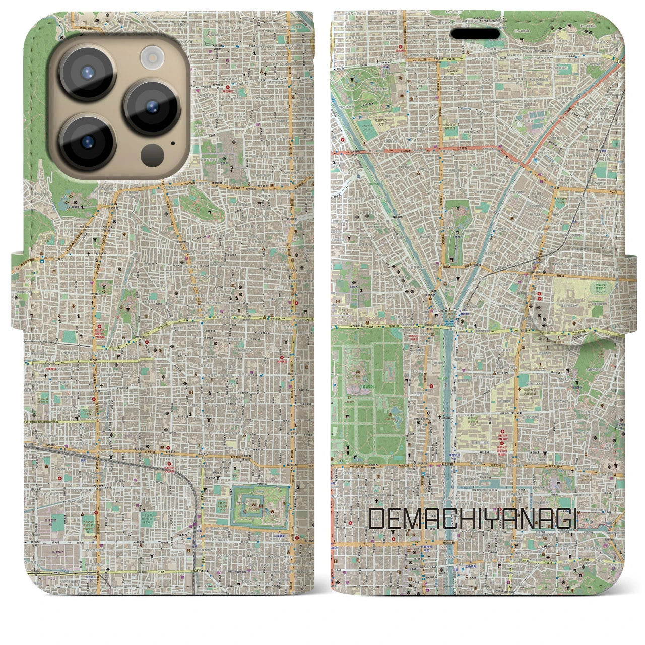 【出町柳】地図柄iPhoneケース（手帳両面タイプ・ナチュラル）iPhone 14 Pro Max 用