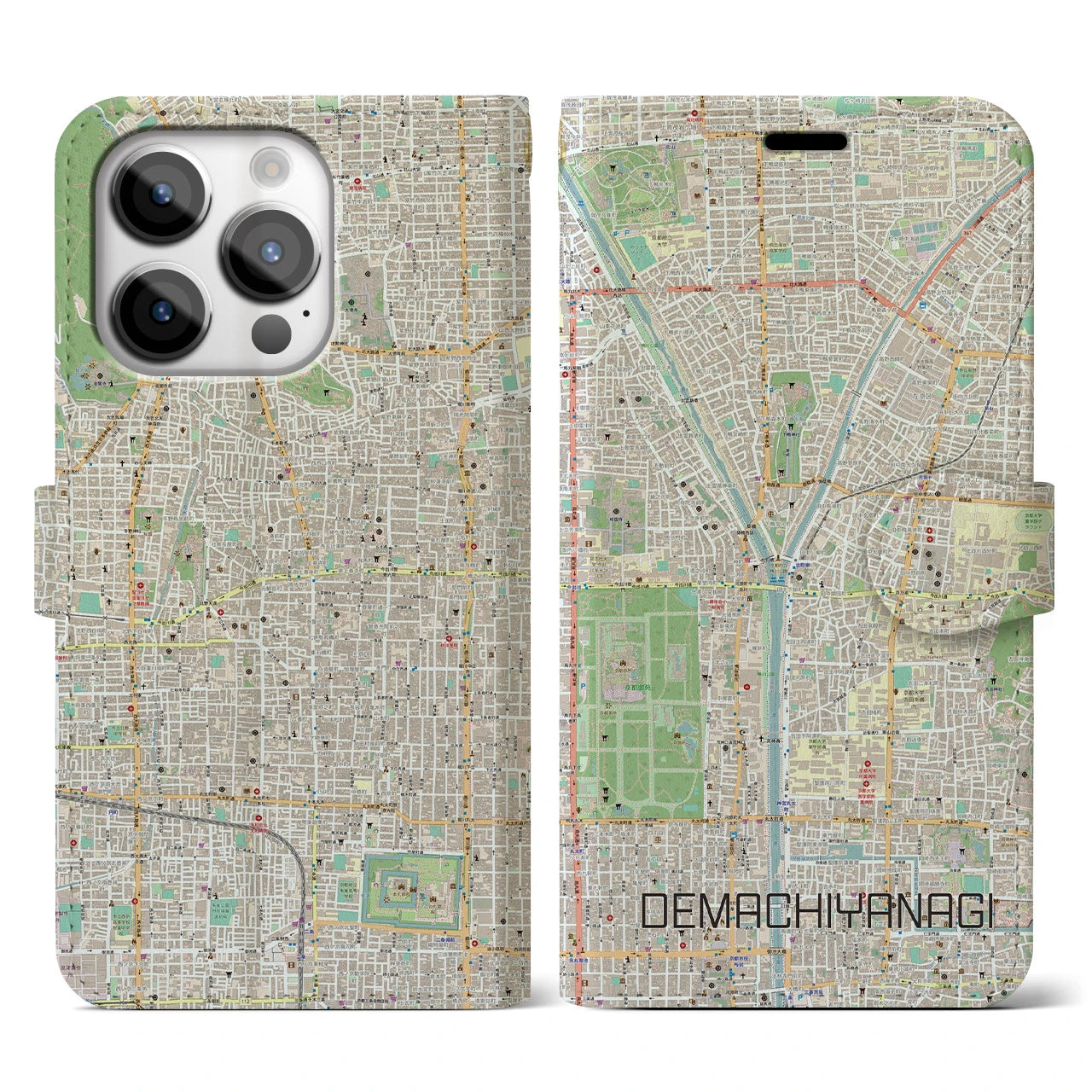 【出町柳】地図柄iPhoneケース（手帳両面タイプ・ナチュラル）iPhone 14 Pro 用
