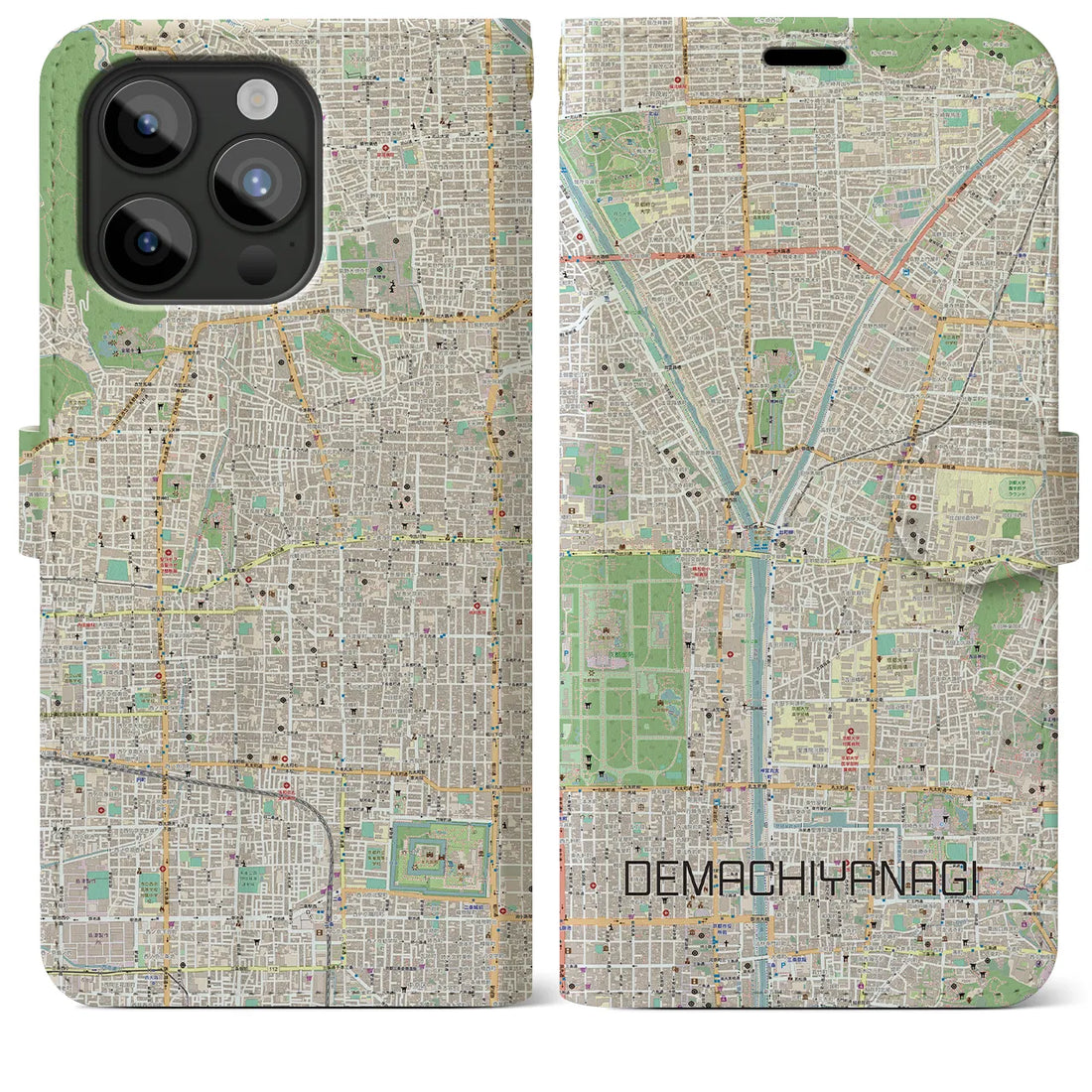 【出町柳】地図柄iPhoneケース（手帳両面タイプ・ナチュラル）iPhone 15 Pro Max 用