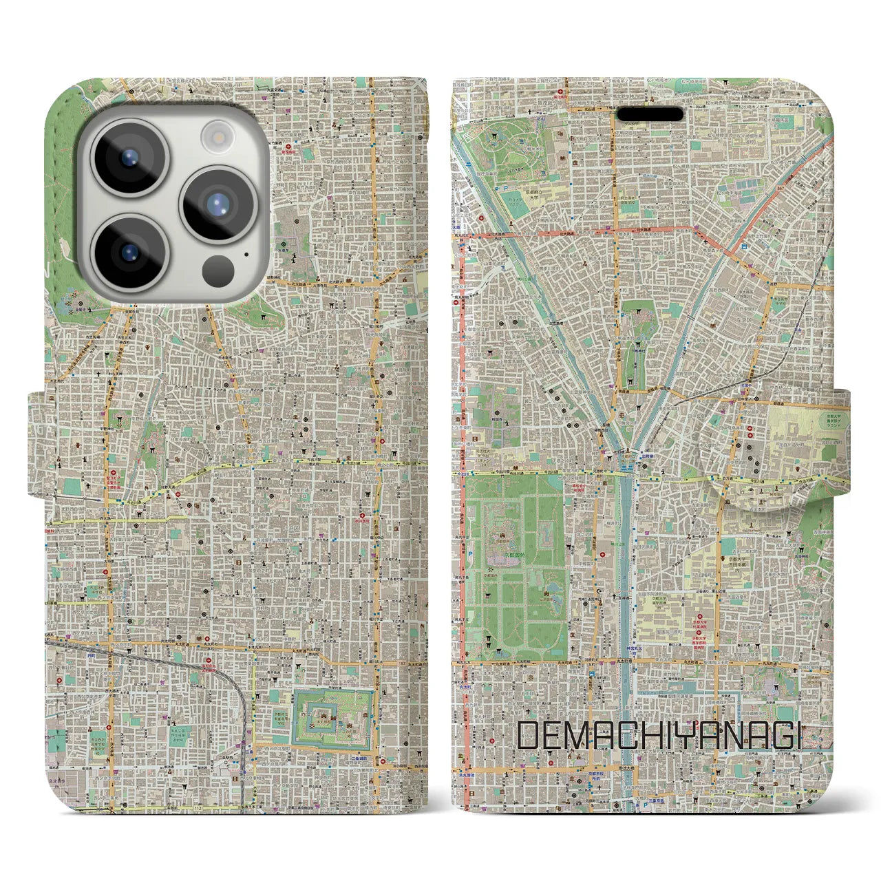 【出町柳】地図柄iPhoneケース（手帳両面タイプ・ナチュラル）iPhone 15 Pro 用