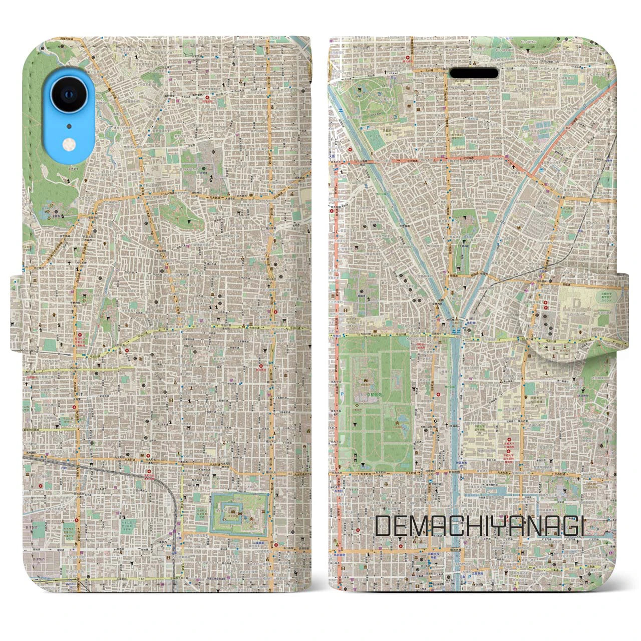 【出町柳】地図柄iPhoneケース（手帳両面タイプ・ナチュラル）iPhone XR 用