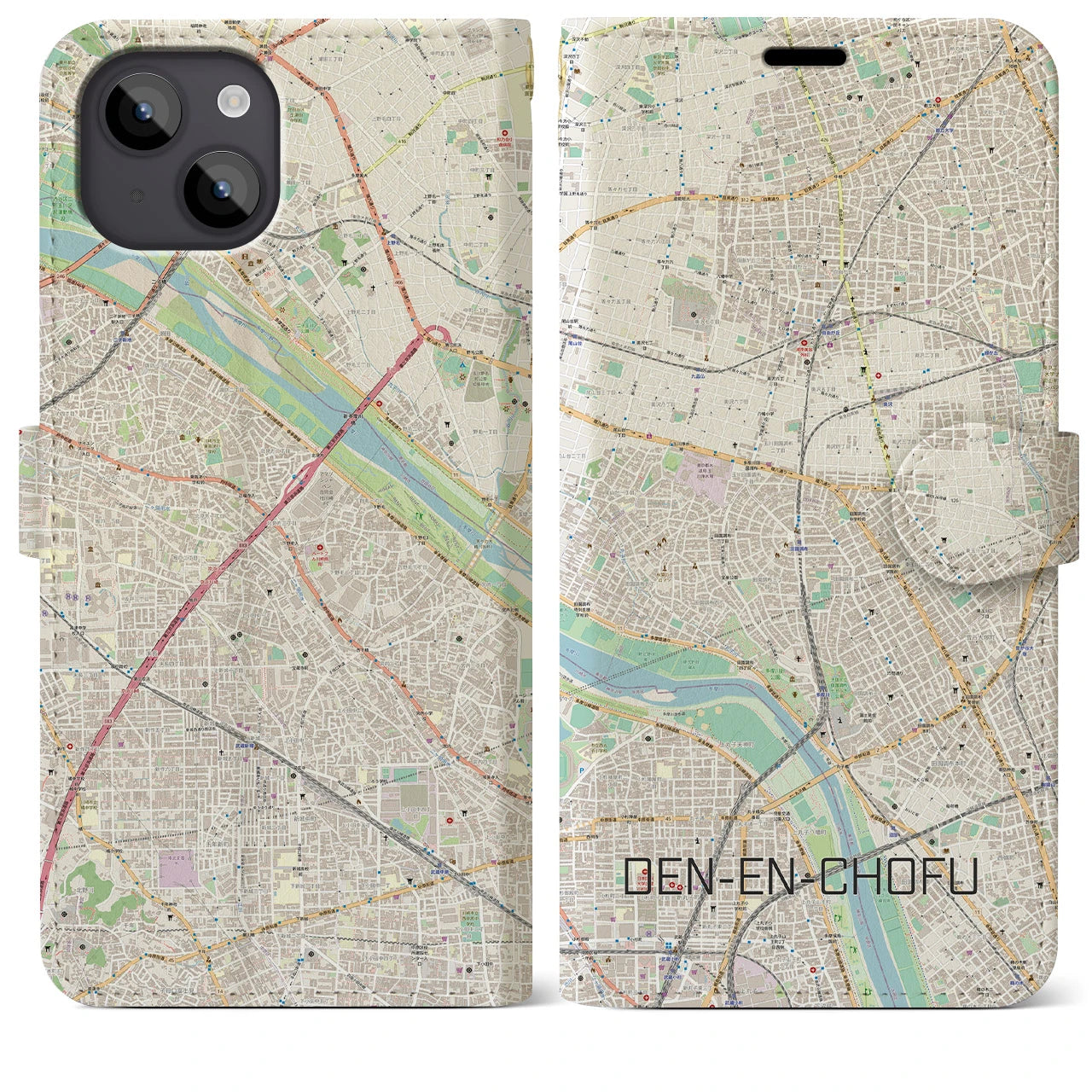 【田園調布】地図柄iPhoneケース（手帳両面タイプ・ナチュラル）iPhone 14 Plus 用