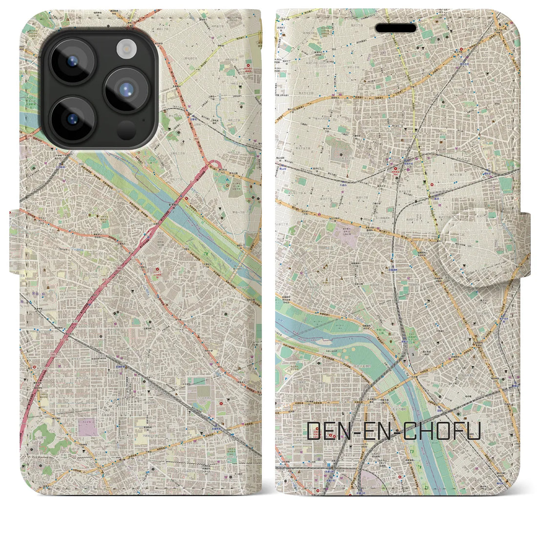 【田園調布】地図柄iPhoneケース（手帳両面タイプ・ナチュラル）iPhone 15 Pro Max 用