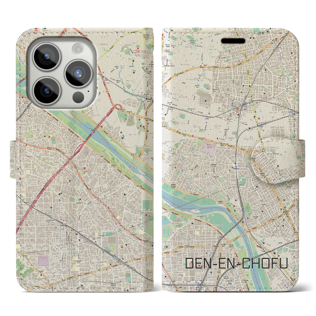 【田園調布】地図柄iPhoneケース（手帳両面タイプ・ナチュラル）iPhone 15 Pro 用