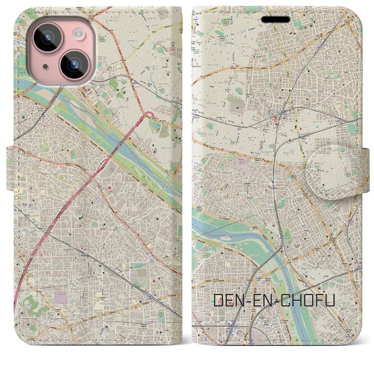 【田園調布】地図柄iPhoneケース（手帳両面タイプ・ナチュラル）iPhone 15 Plus 用