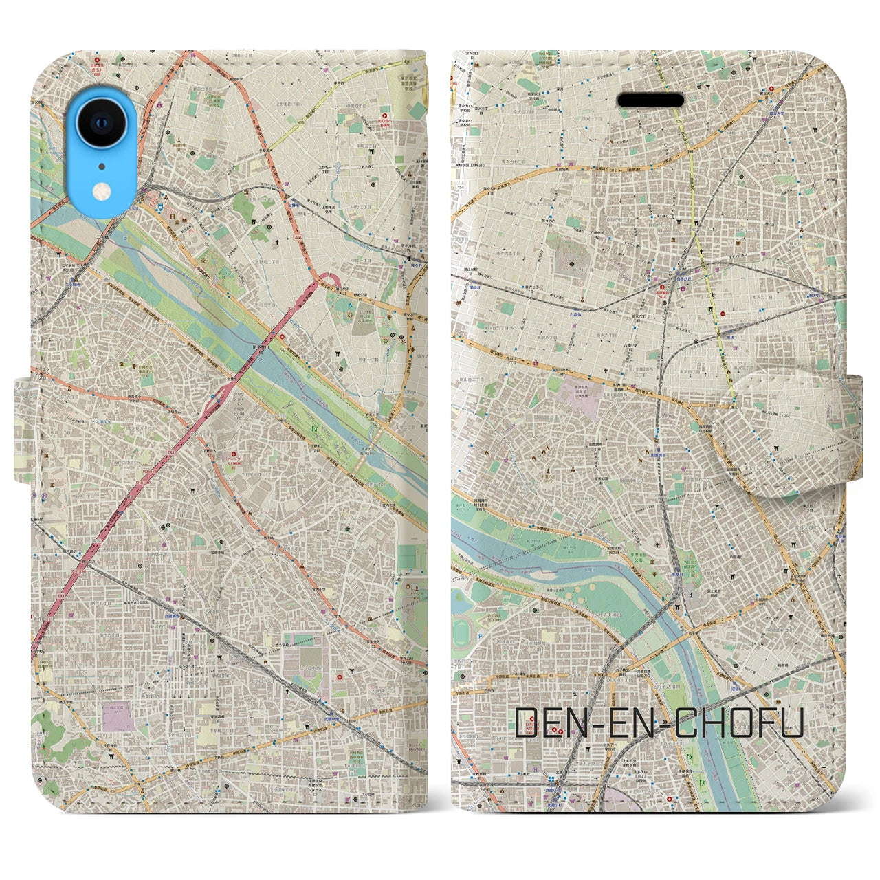 【田園調布】地図柄iPhoneケース（手帳両面タイプ・ナチュラル）iPhone XR 用