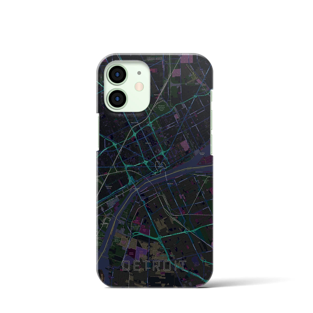 【デトロイト】地図柄iPhoneケース（バックカバータイプ・ブラック）iPhone 12 mini 用