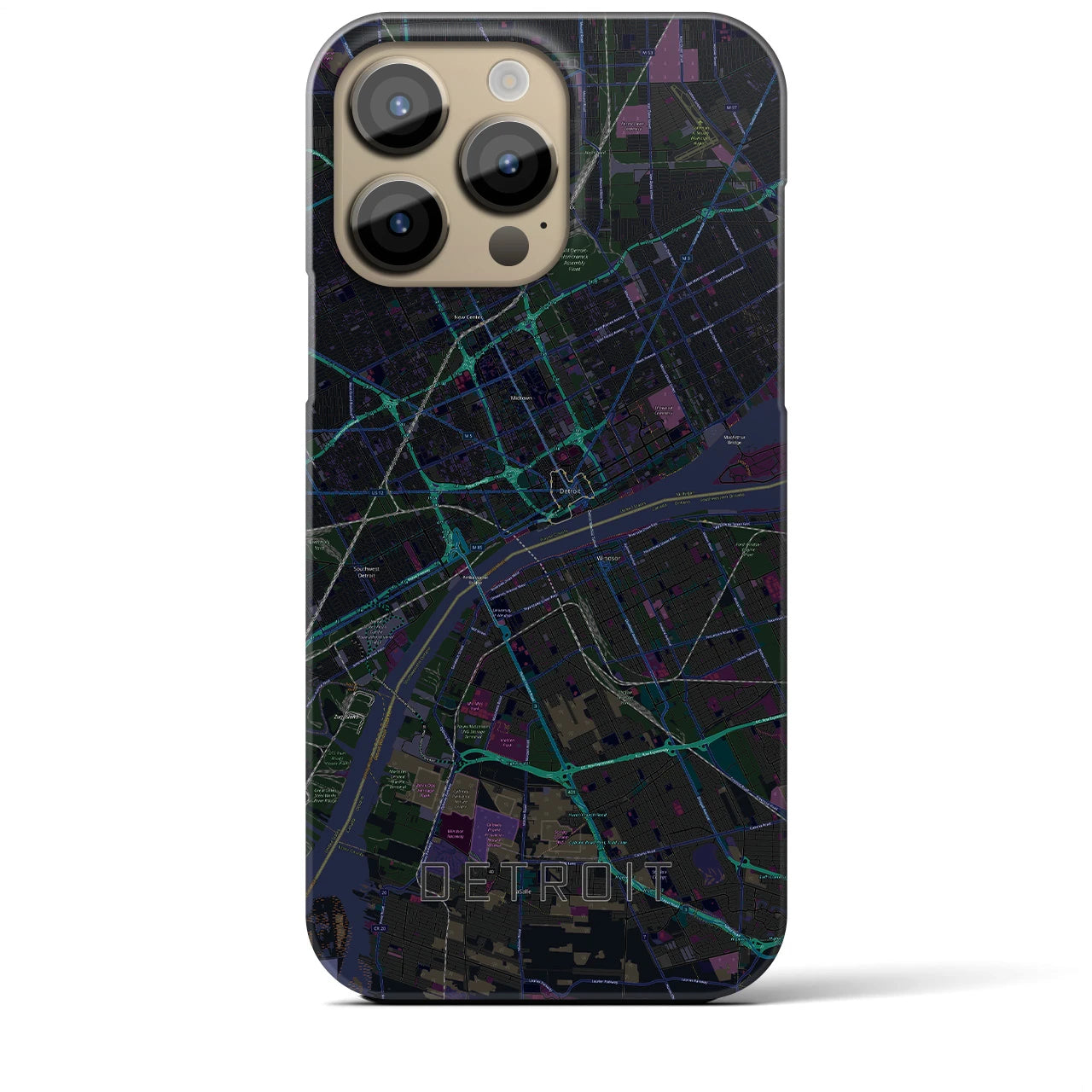 【デトロイト】地図柄iPhoneケース（バックカバータイプ・ブラック）iPhone 14 Pro Max 用