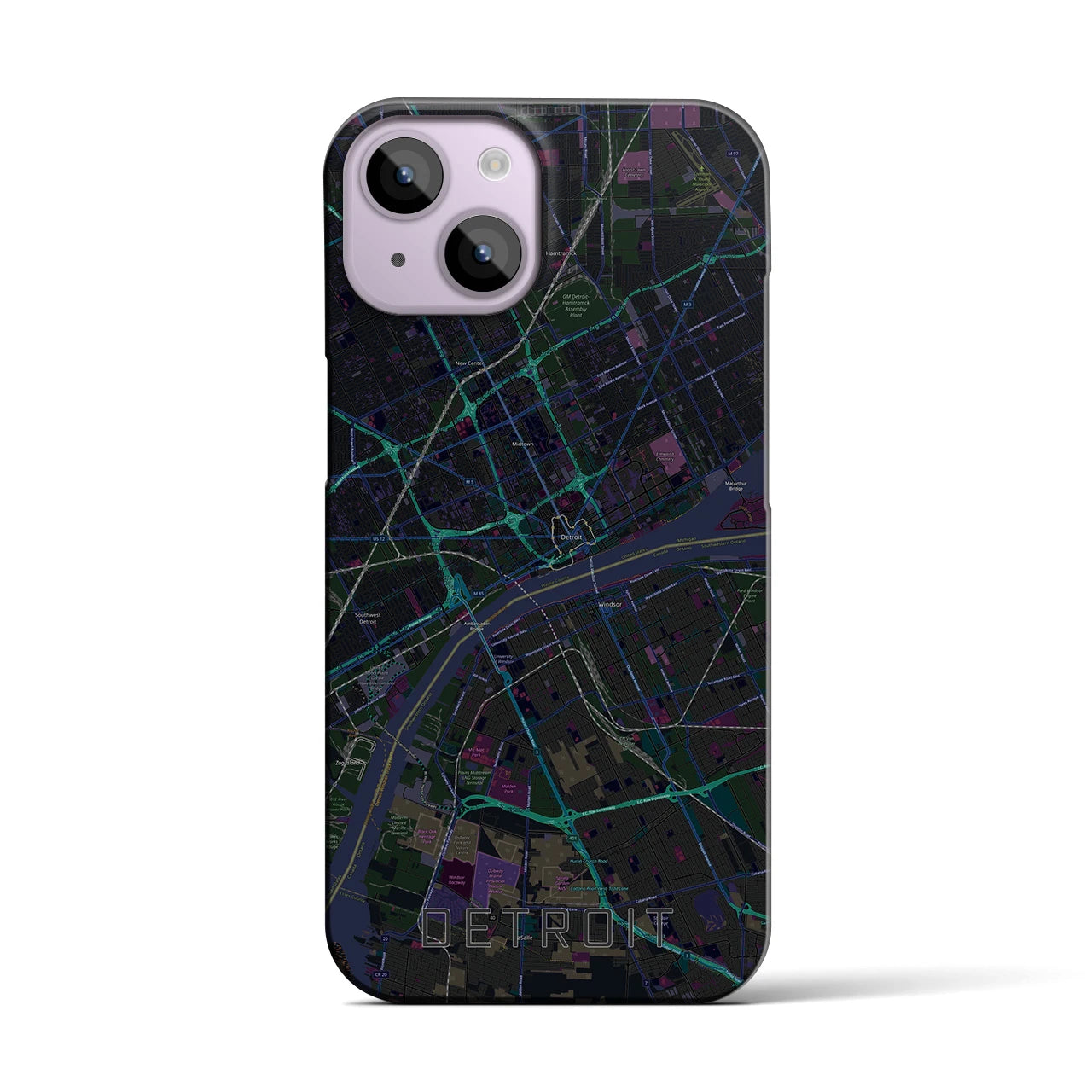 【デトロイト】地図柄iPhoneケース（バックカバータイプ・ブラック）iPhone 14 用