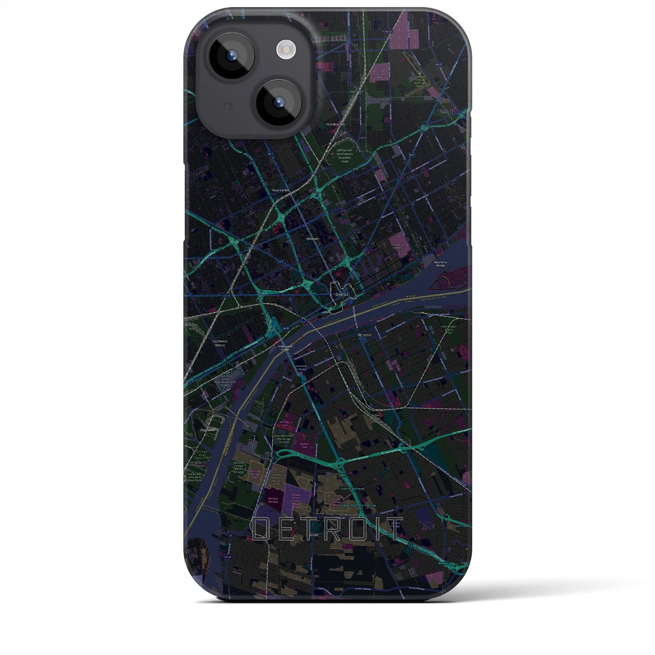 【デトロイト】地図柄iPhoneケース（バックカバータイプ・ブラック）iPhone 14 Plus 用