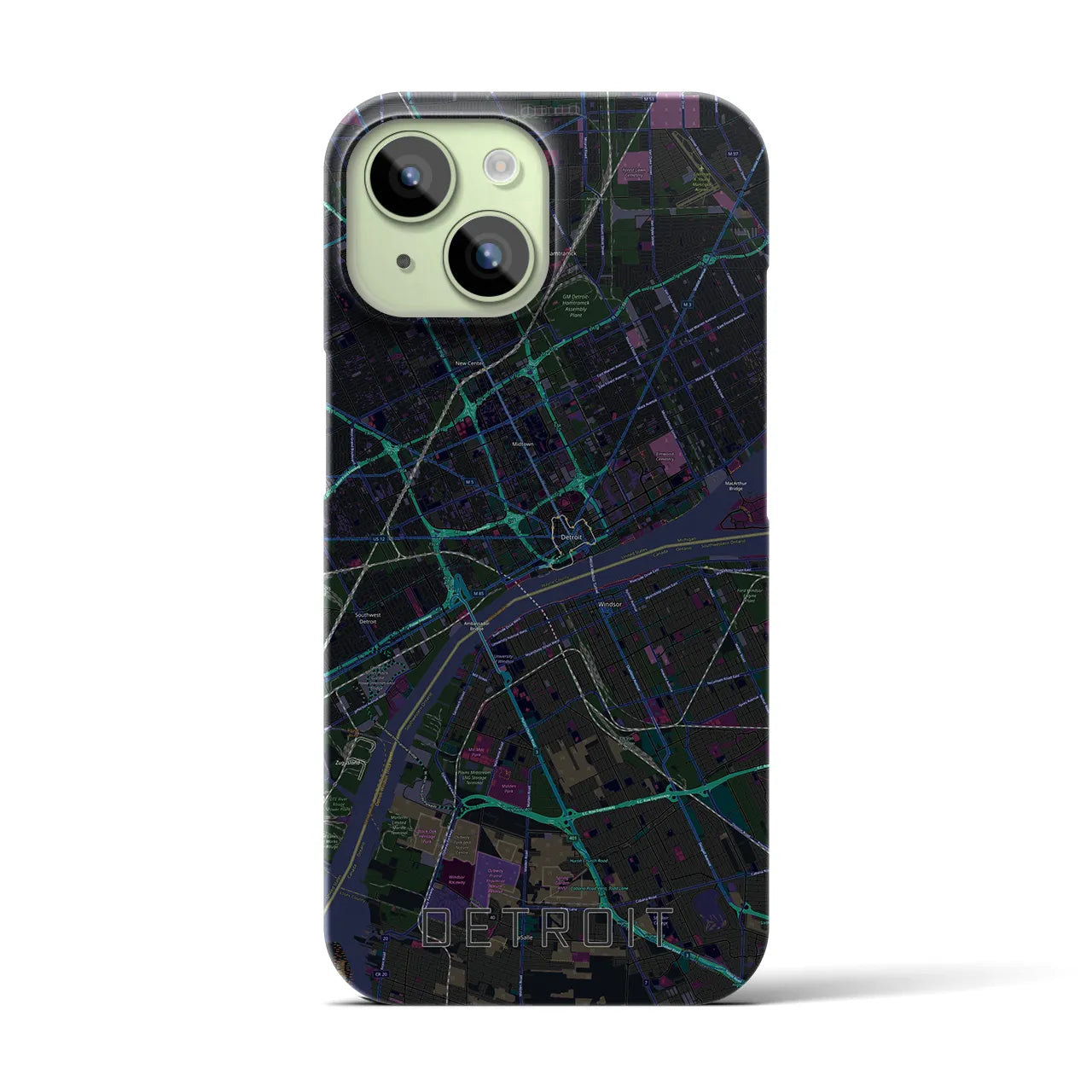 【デトロイト】地図柄iPhoneケース（バックカバータイプ・ブラック）iPhone 15 用
