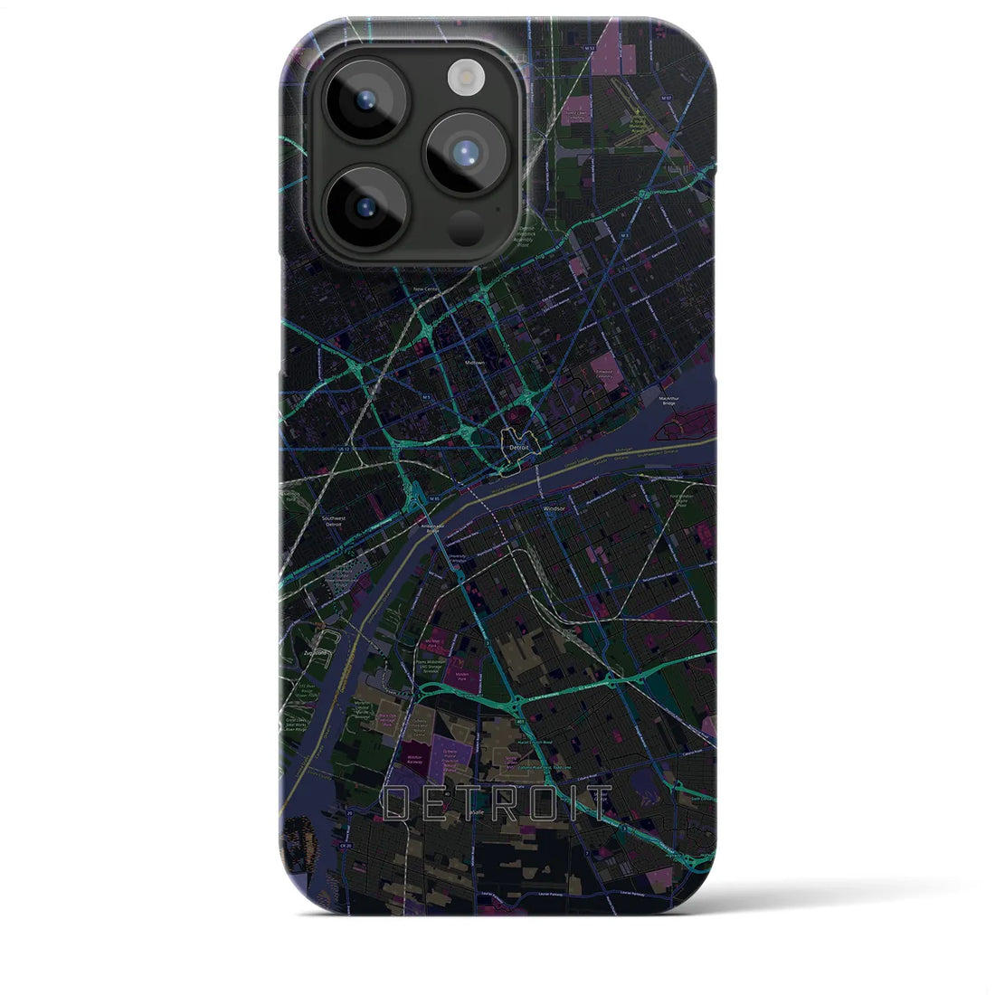 【デトロイト】地図柄iPhoneケース（バックカバータイプ・ブラック）iPhone 15 Pro Max 用