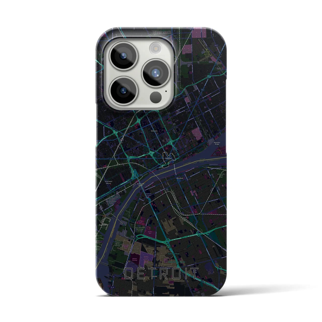 【デトロイト】地図柄iPhoneケース（バックカバータイプ・ブラック）iPhone 15 Pro 用