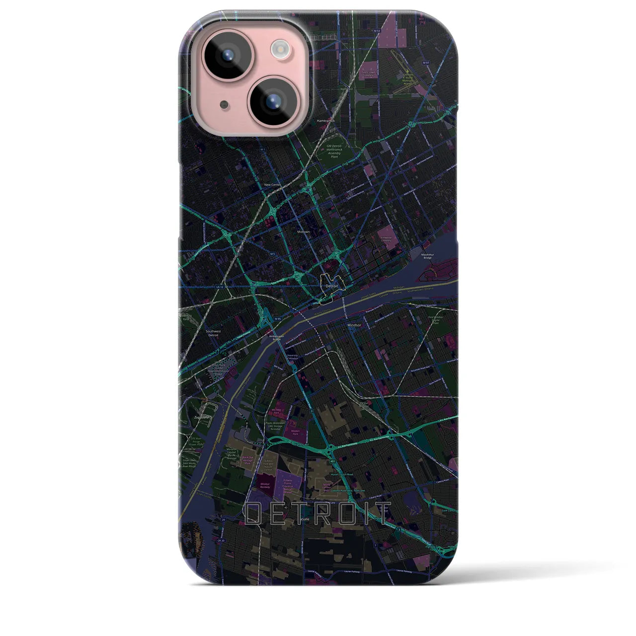 【デトロイト】地図柄iPhoneケース（バックカバータイプ・ブラック）iPhone 15 Plus 用