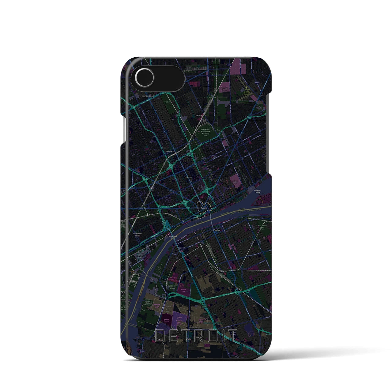 【デトロイト】地図柄iPhoneケース（バックカバータイプ・ブラック）iPhone SE（第3 / 第2世代） / 8 / 7 / 6s / 6 用