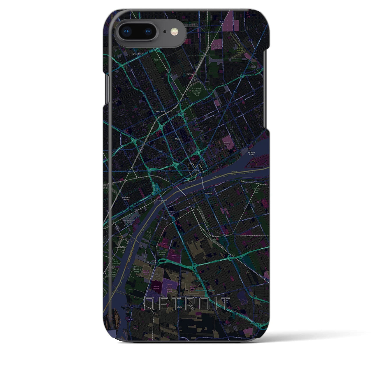【デトロイト】地図柄iPhoneケース（バックカバータイプ・ブラック）iPhone 8Plus /7Plus / 6sPlus / 6Plus 用