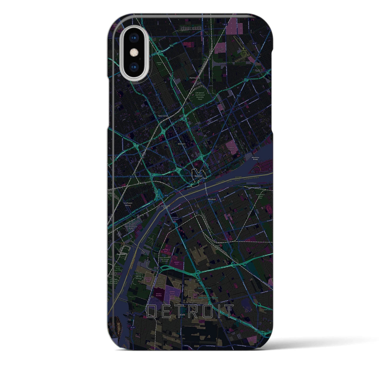 【デトロイト】地図柄iPhoneケース（バックカバータイプ・ブラック）iPhone XS Max 用
