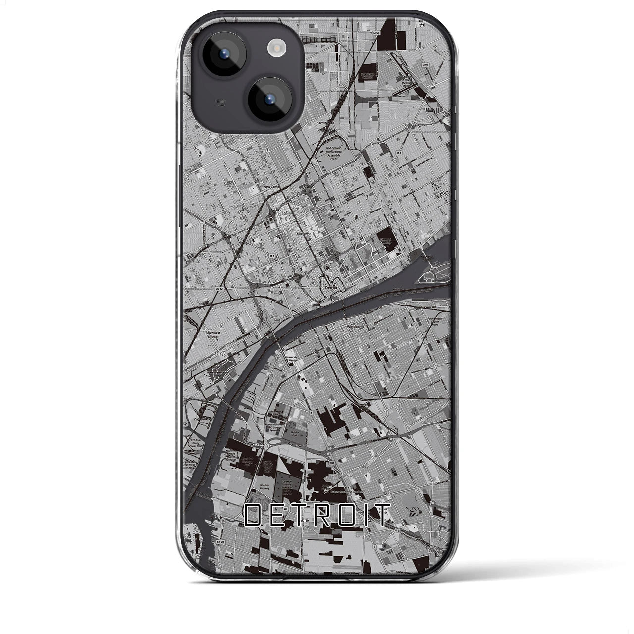 【デトロイト】地図柄iPhoneケース（クリアタイプ・モノトーン）iPhone 14 Plus 用