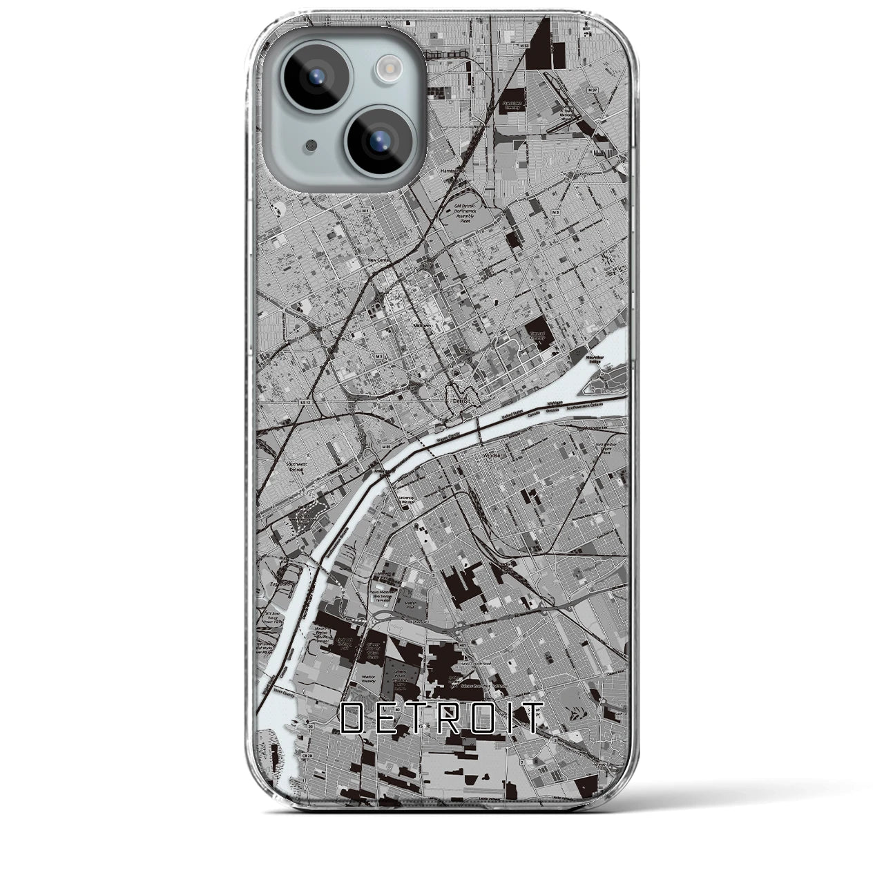 【デトロイト】地図柄iPhoneケース（クリアタイプ・モノトーン）iPhone 15 Plus 用
