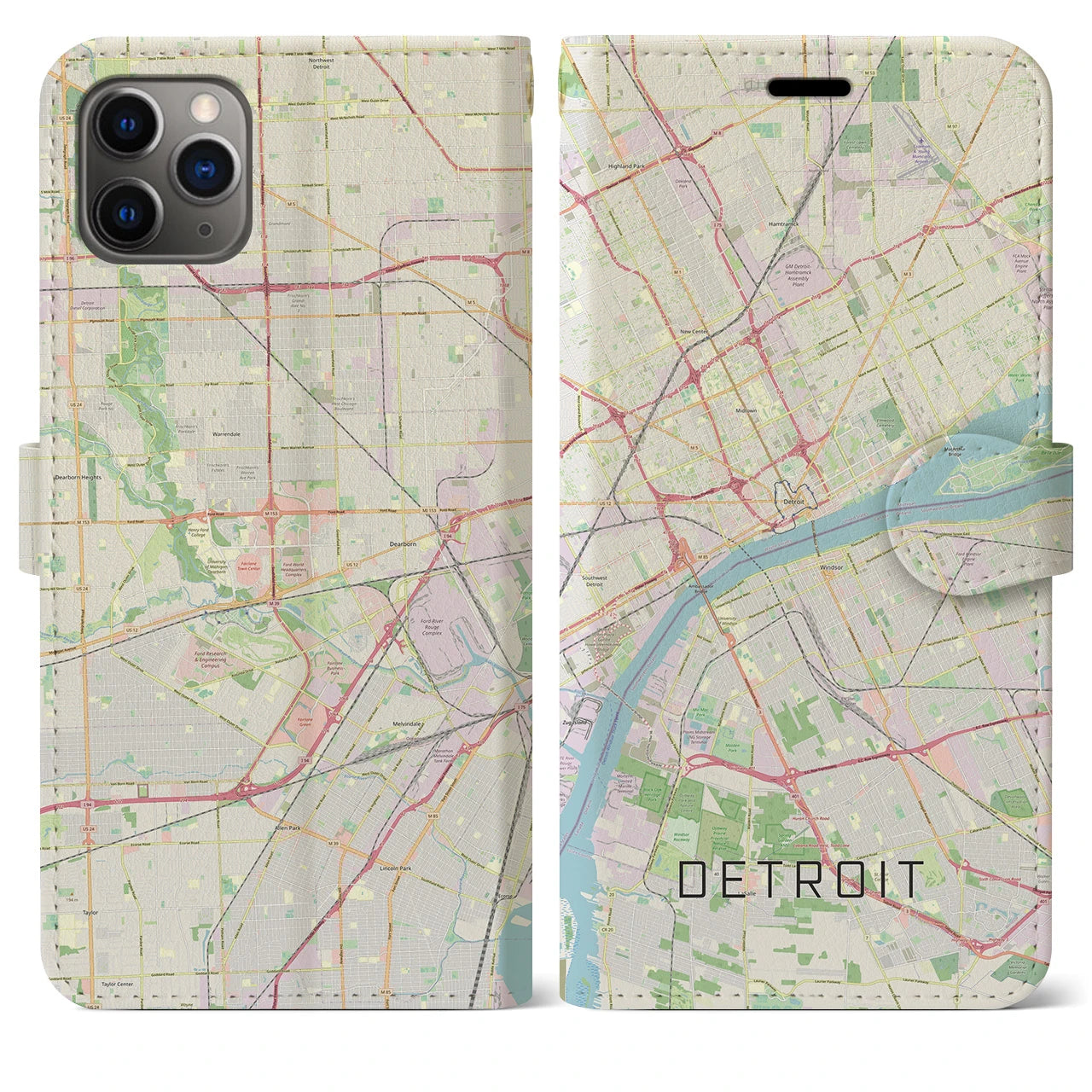 【デトロイト】地図柄iPhoneケース（手帳両面タイプ・ナチュラル）iPhone 11 Pro Max 用