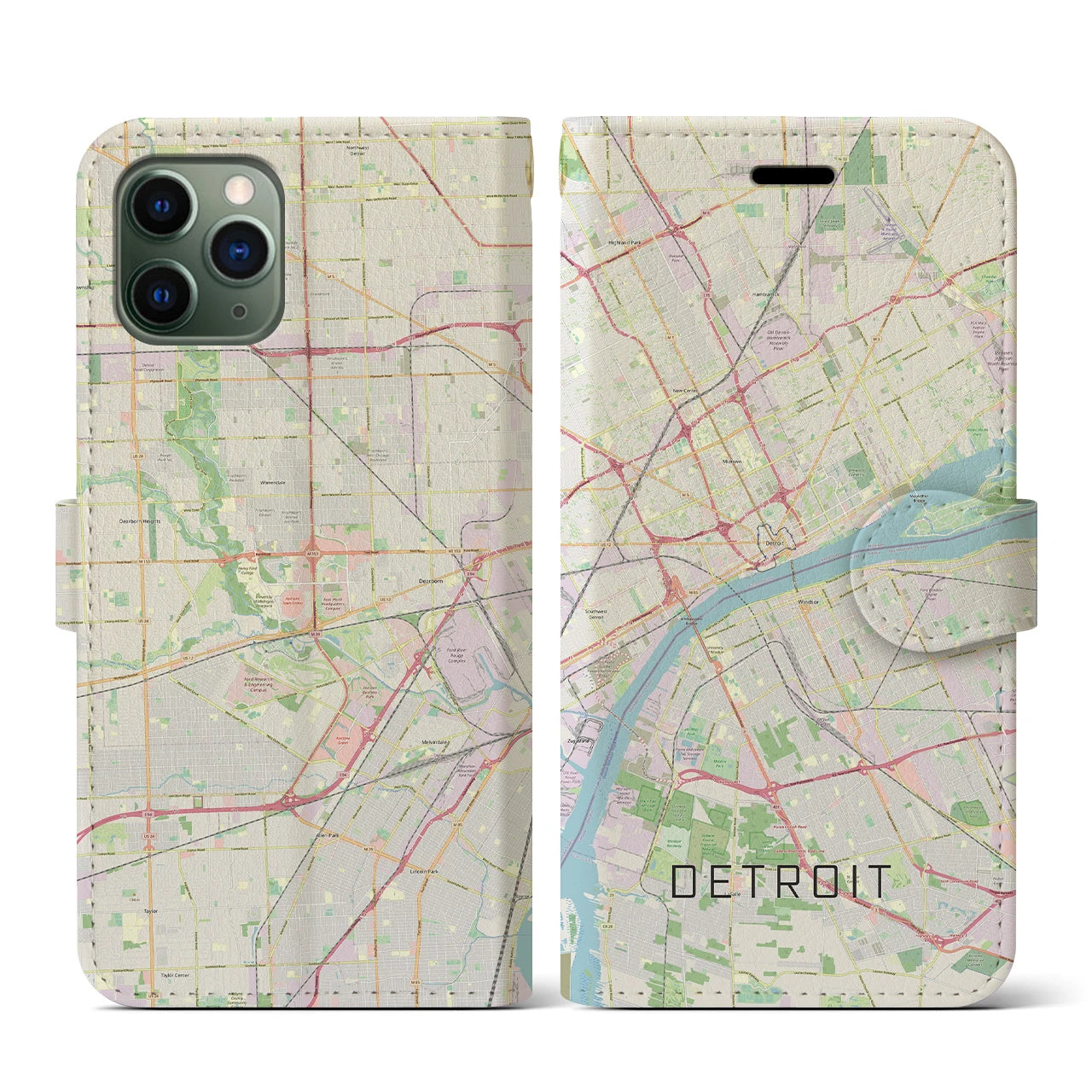 【デトロイト】地図柄iPhoneケース（手帳両面タイプ・ナチュラル）iPhone 11 Pro 用