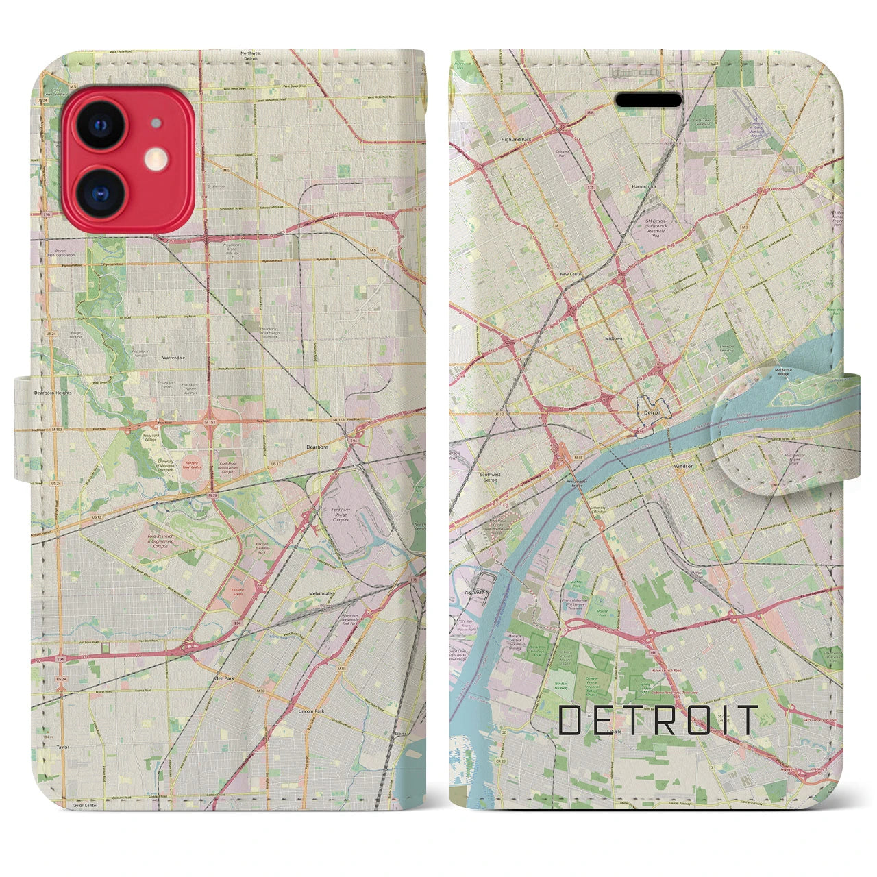 【デトロイト】地図柄iPhoneケース（手帳両面タイプ・ナチュラル）iPhone 11 用