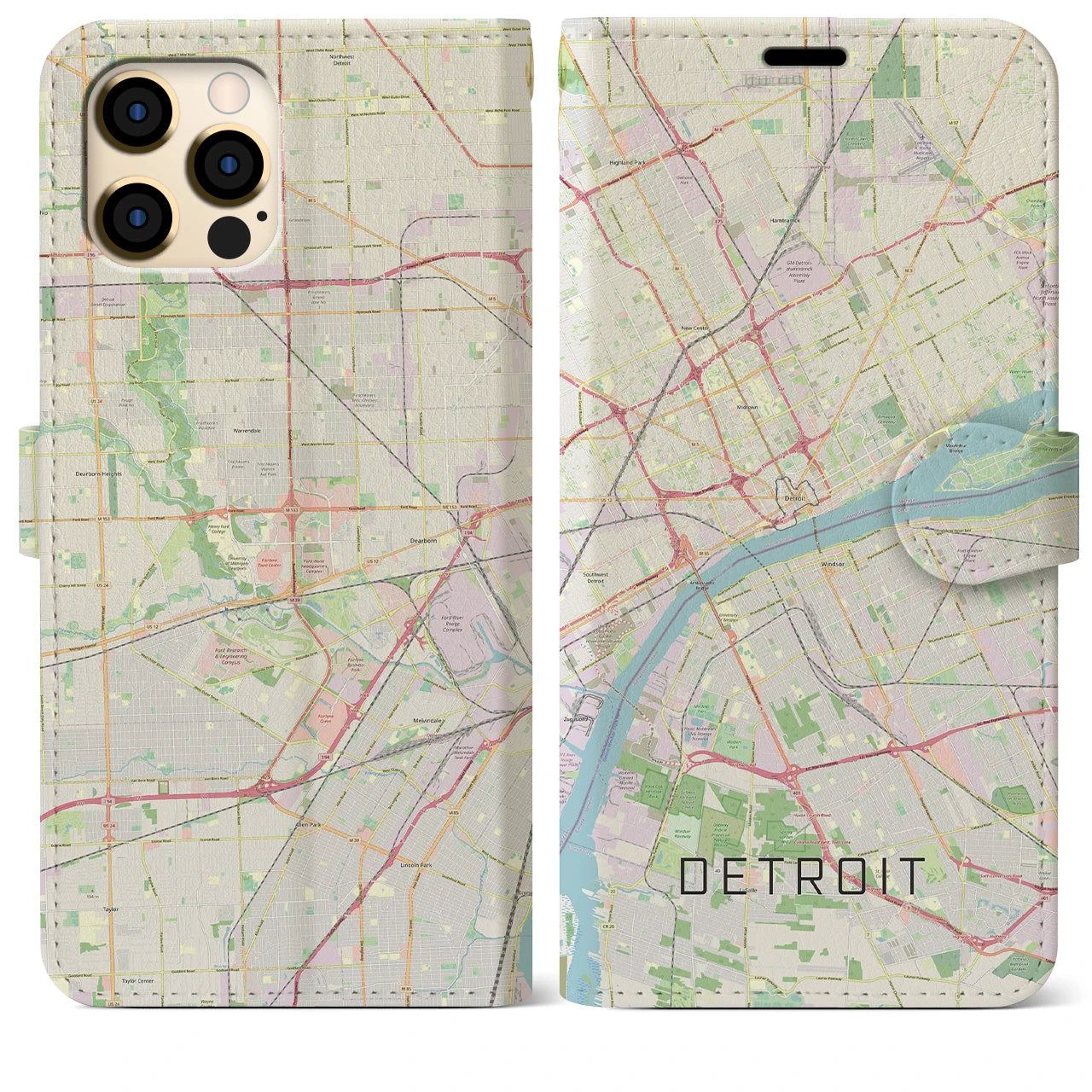 【デトロイト】地図柄iPhoneケース（手帳両面タイプ・ナチュラル）iPhone 12 Pro Max 用