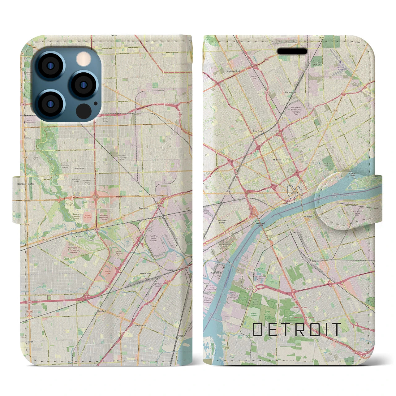【デトロイト】地図柄iPhoneケース（手帳両面タイプ・ナチュラル）iPhone 12 / 12 Pro 用