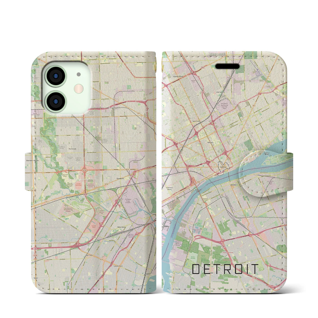 【デトロイト】地図柄iPhoneケース（手帳両面タイプ・ナチュラル）iPhone 12 mini 用