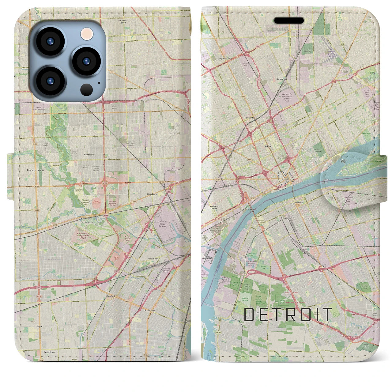 【デトロイト】地図柄iPhoneケース（手帳両面タイプ・ナチュラル）iPhone 13 Pro Max 用